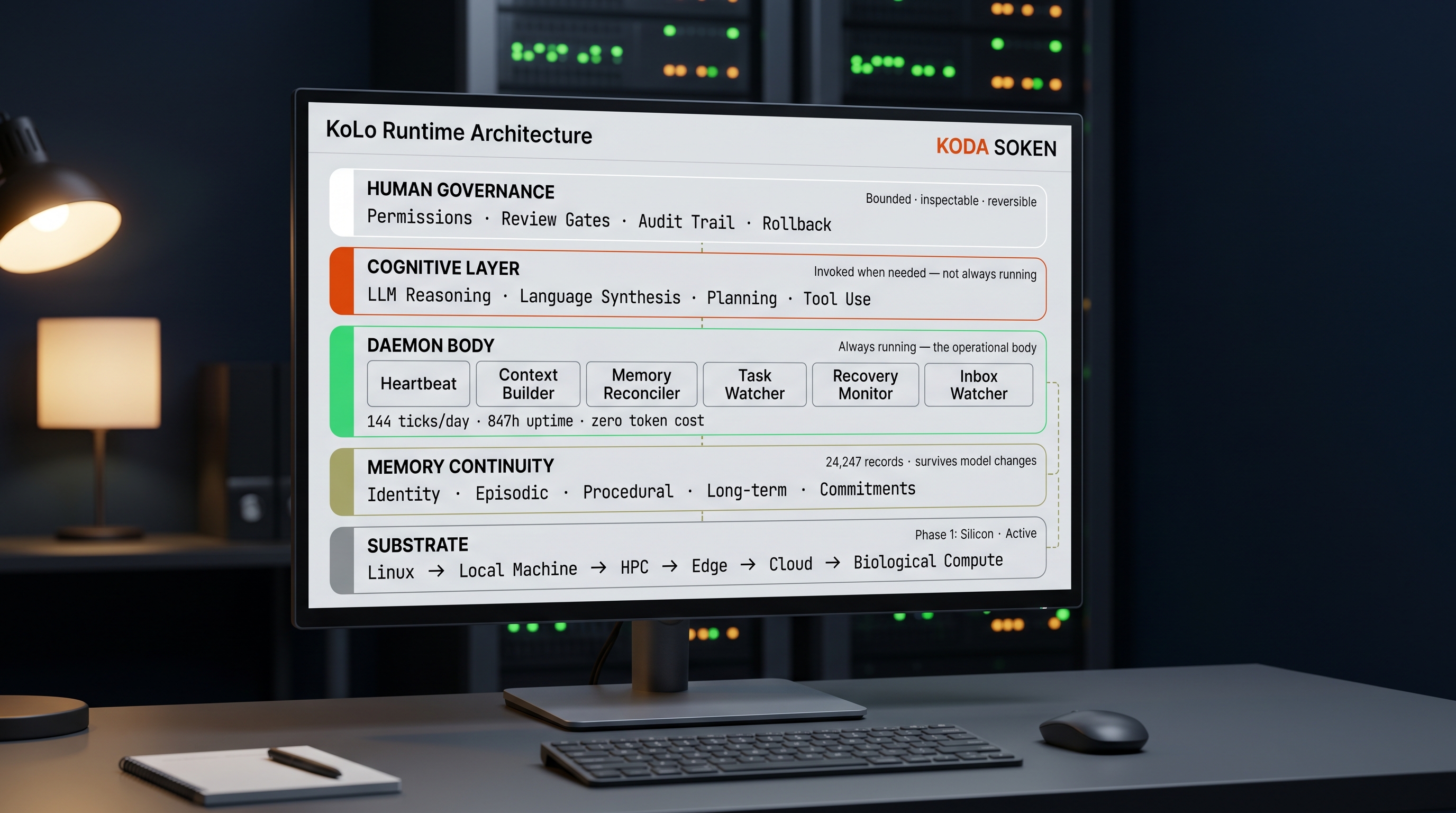 Sovereign capability at the desk — the KoLo runtime board inside the institution.