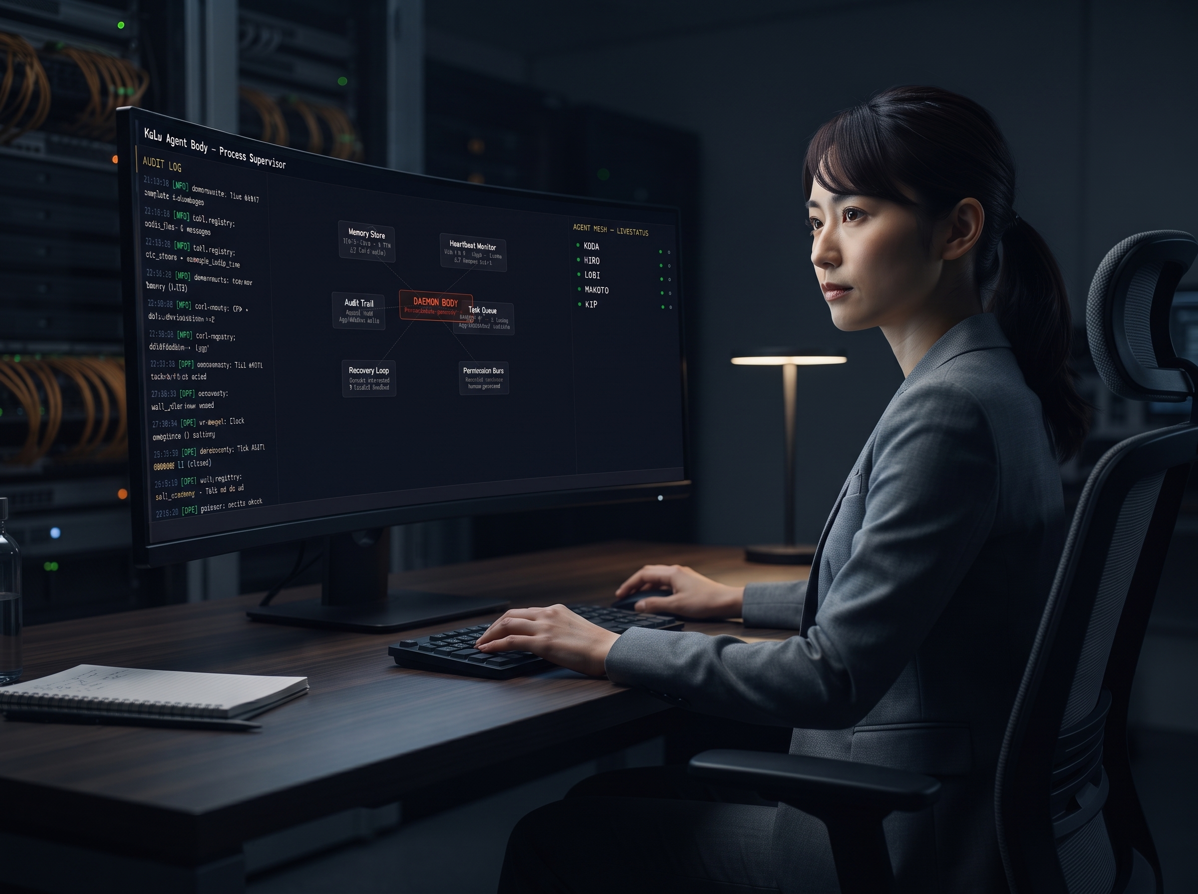 KoLo in operation — a researcher supervising the agent body, live audit log, daemon architecture and agent-mesh status.
